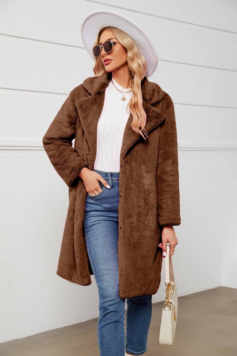 Women's Longline Teddy Coat Fluffy Lapel Faux Fur Coat