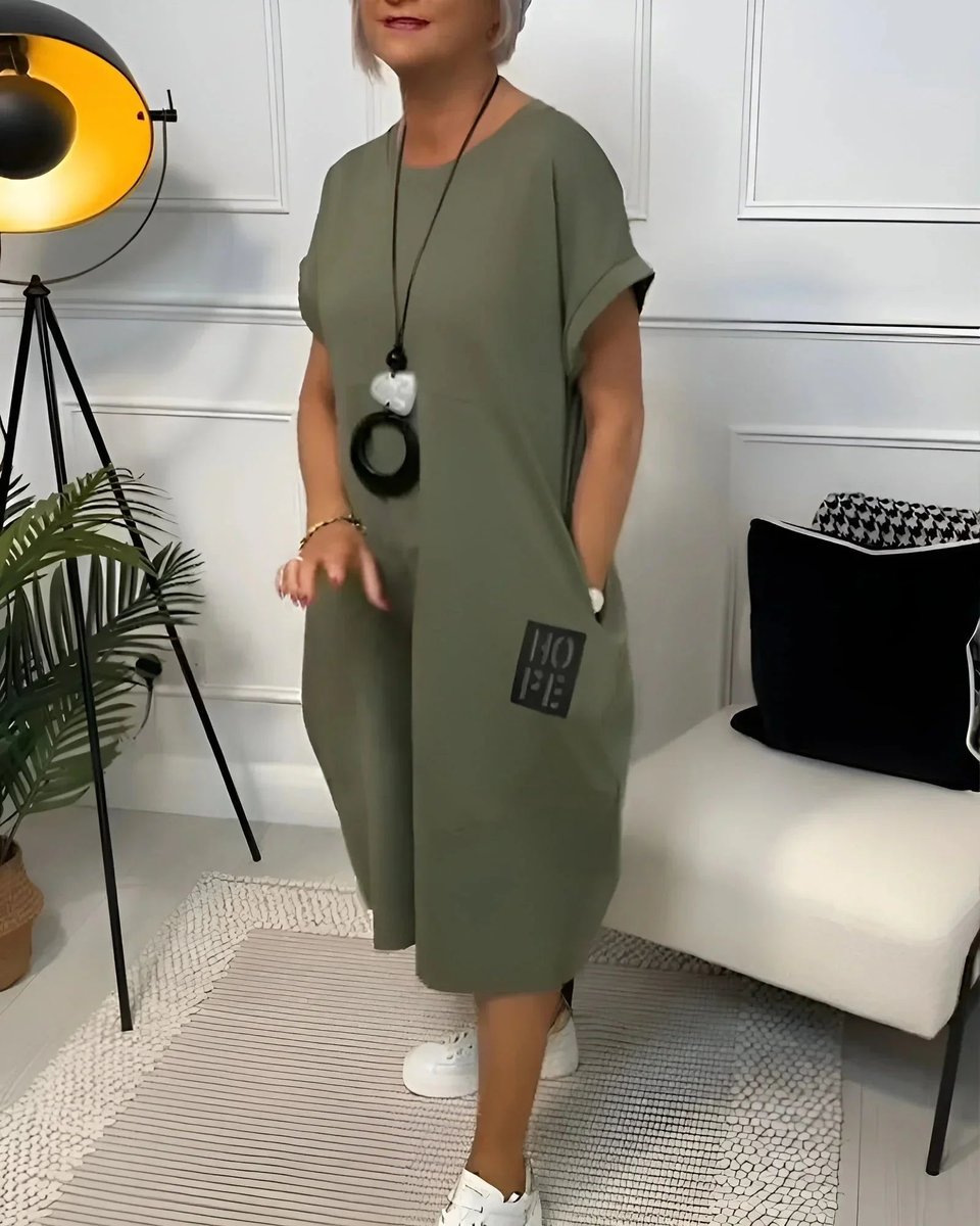 Women's Loose Everyday Day Dress Midi Pocketed Short-Sleeve Jumper Dress