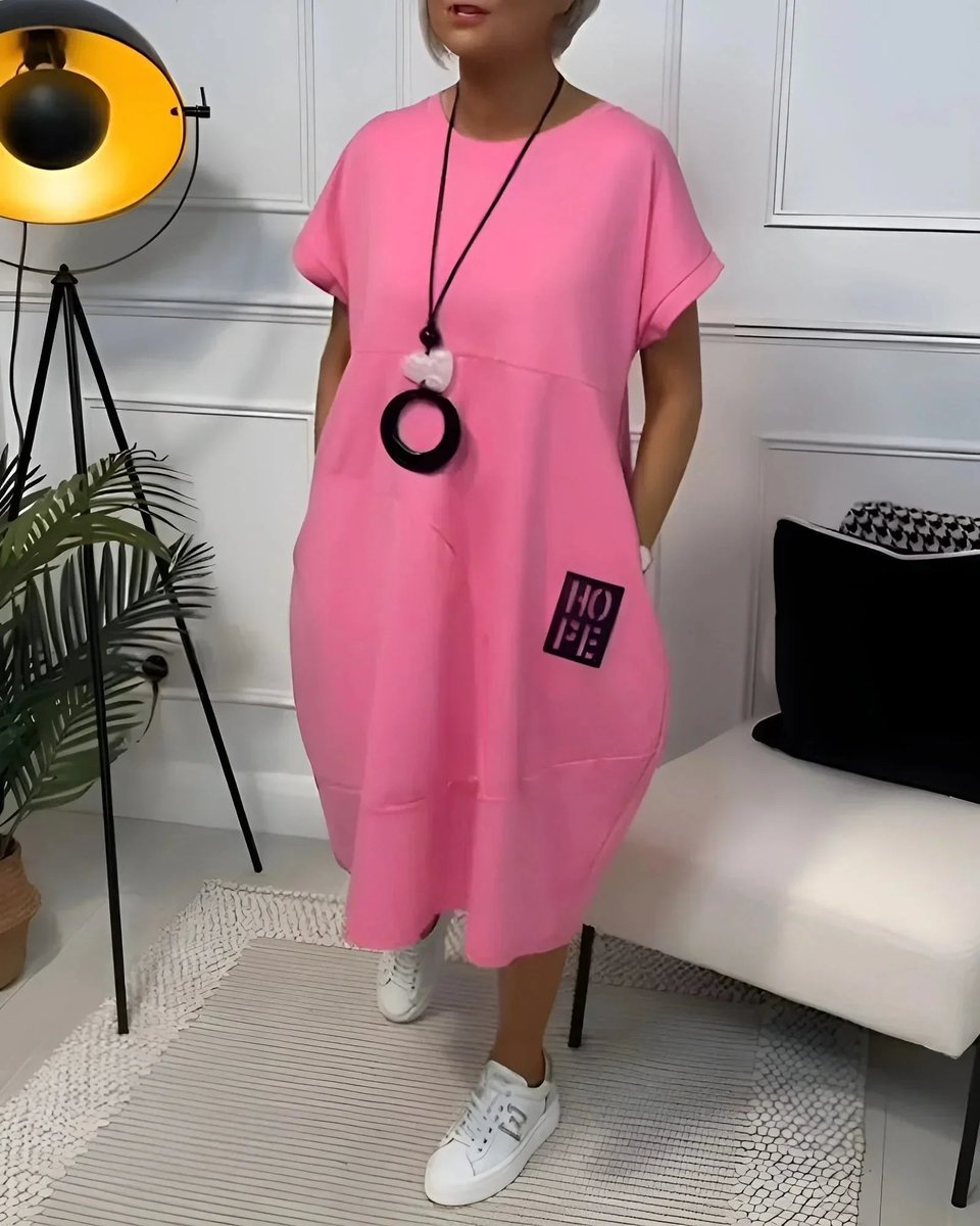 Women's Loose Everyday Day Dress Midi Pocketed Short-Sleeve Jumper Dress