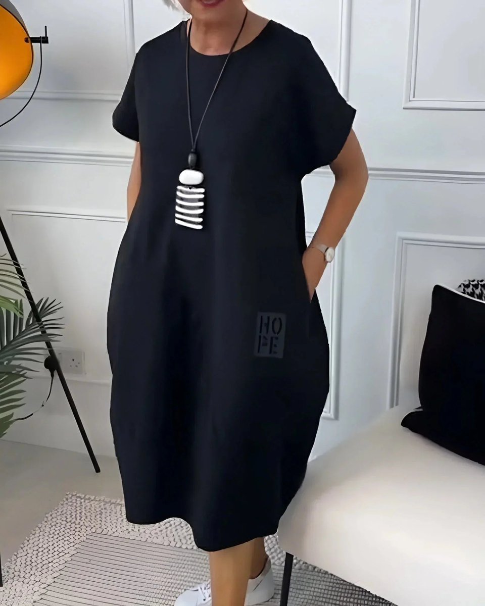 Women's Loose Everyday Day Dress Midi Pocketed Short-Sleeve Jumper Dress