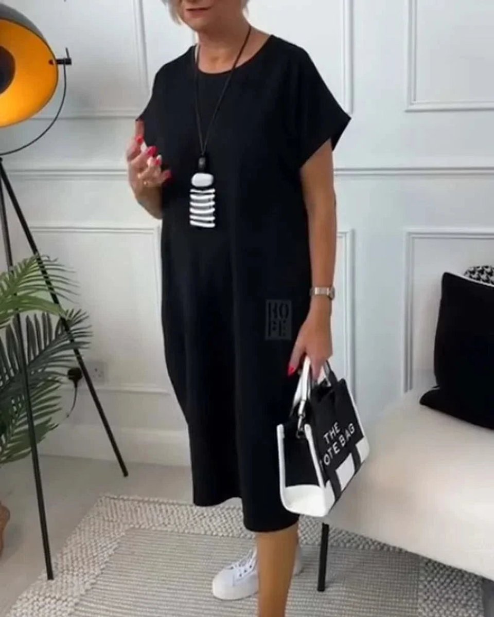 Women's Loose Everyday Day Dress Midi Pocketed Short-Sleeve Jumper Dress
