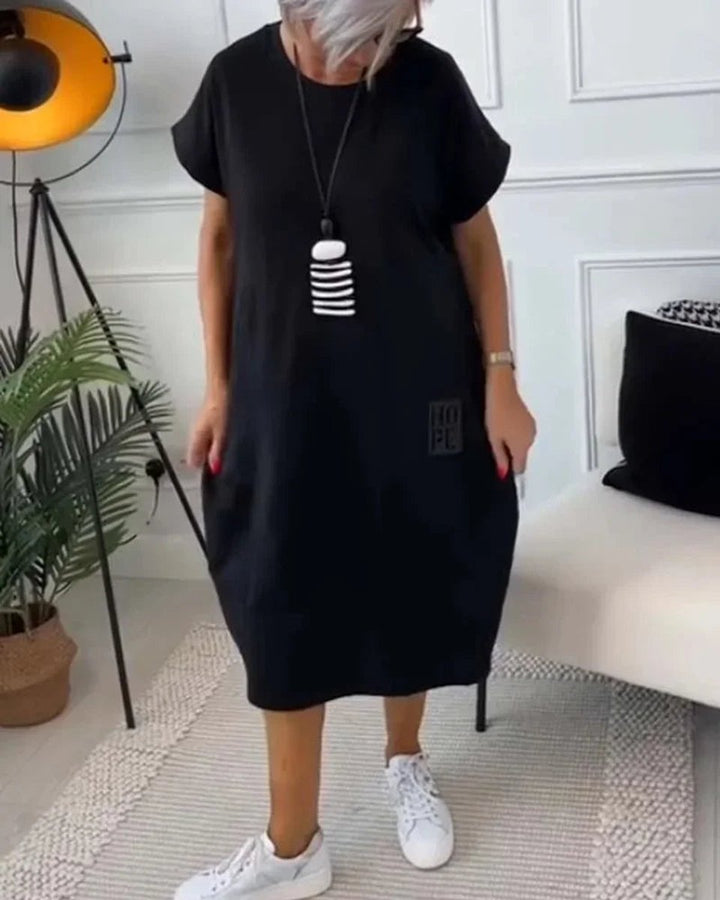 Women's Loose Everyday Day Dress Midi Pocketed Short-Sleeve Jumper Dress
