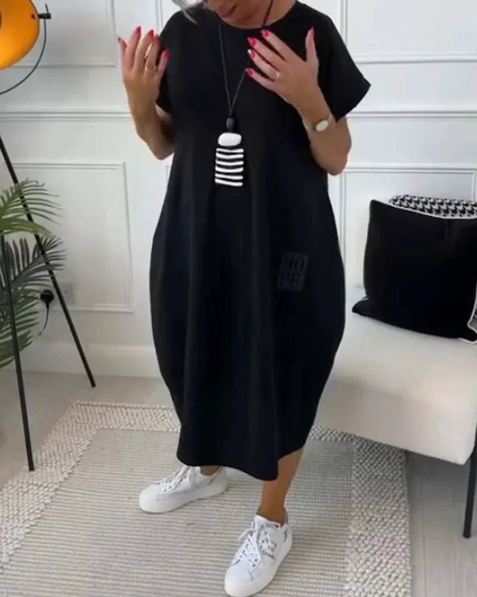 Women's Loose Everyday Day Dress Midi Pocketed Short-Sleeve Jumper Dress