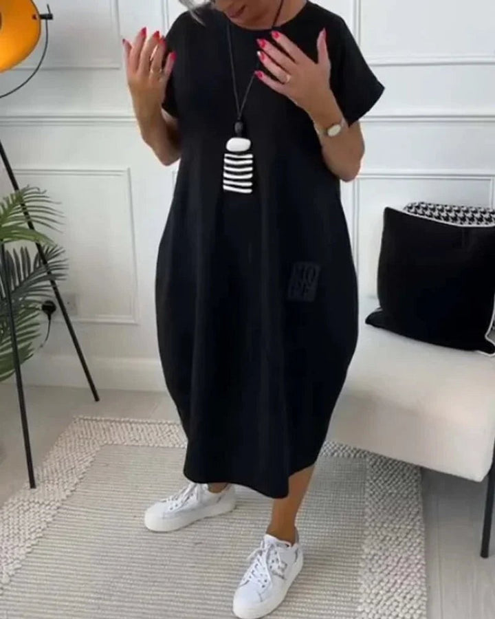 Women's Loose Everyday Day Dress Midi Pocketed Short-Sleeve Jumper Dress