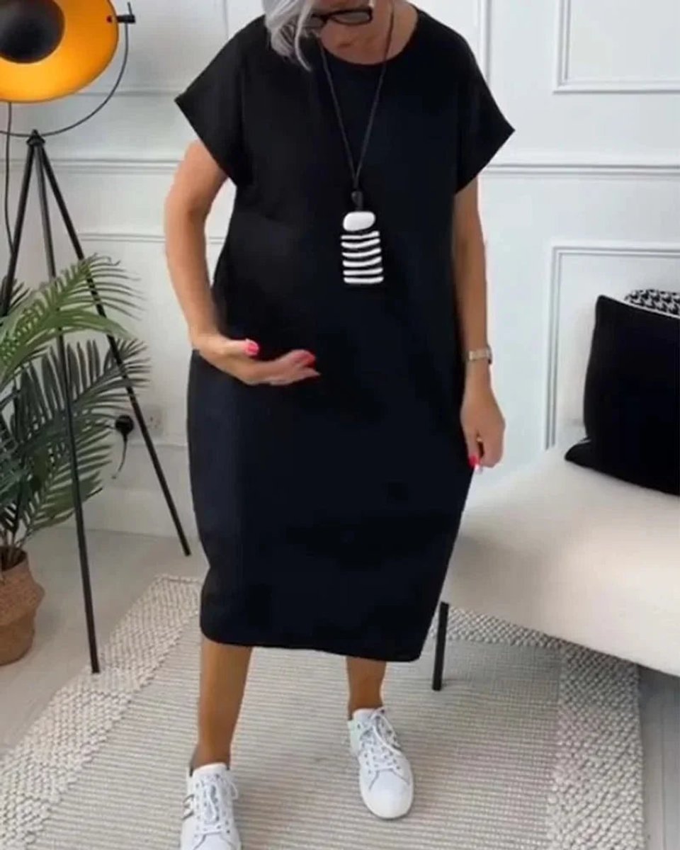 Women's Loose Everyday Day Dress Midi Pocketed Short-Sleeve Jumper Dress
