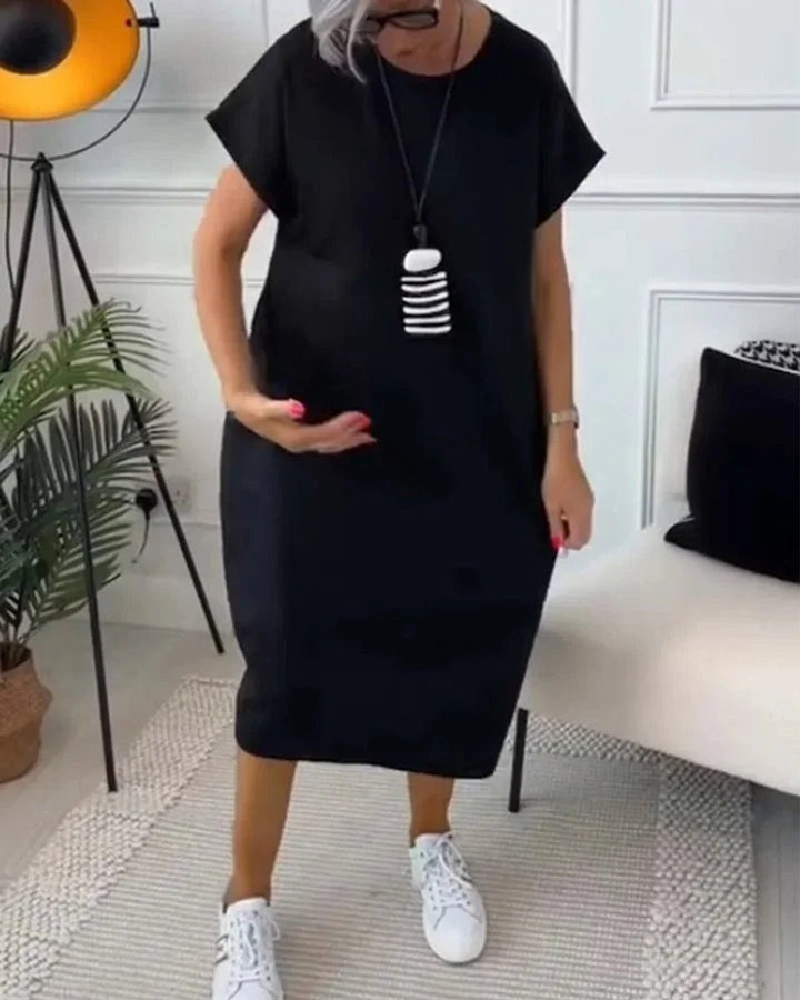 Women's Loose Everyday Day Dress Midi Pocketed Short-Sleeve Jumper Dress