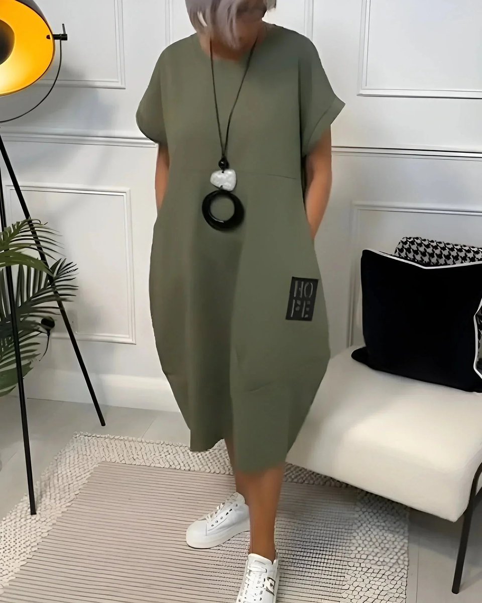 Women's Loose Everyday Day Dress Midi Pocketed Short-Sleeve Jumper Dress