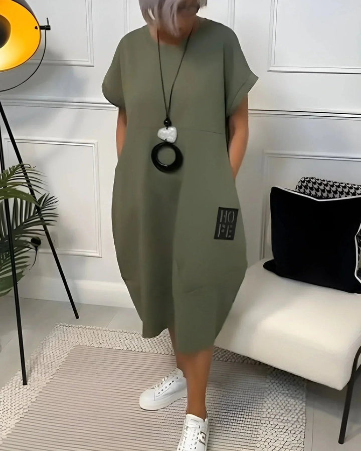 Women's Loose Everyday Day Dress Midi Pocketed Short-Sleeve Jumper Dress
