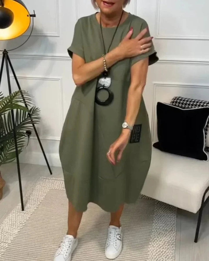 Women's Loose Everyday Day Dress Midi Pocketed Short-Sleeve Jumper Dress
