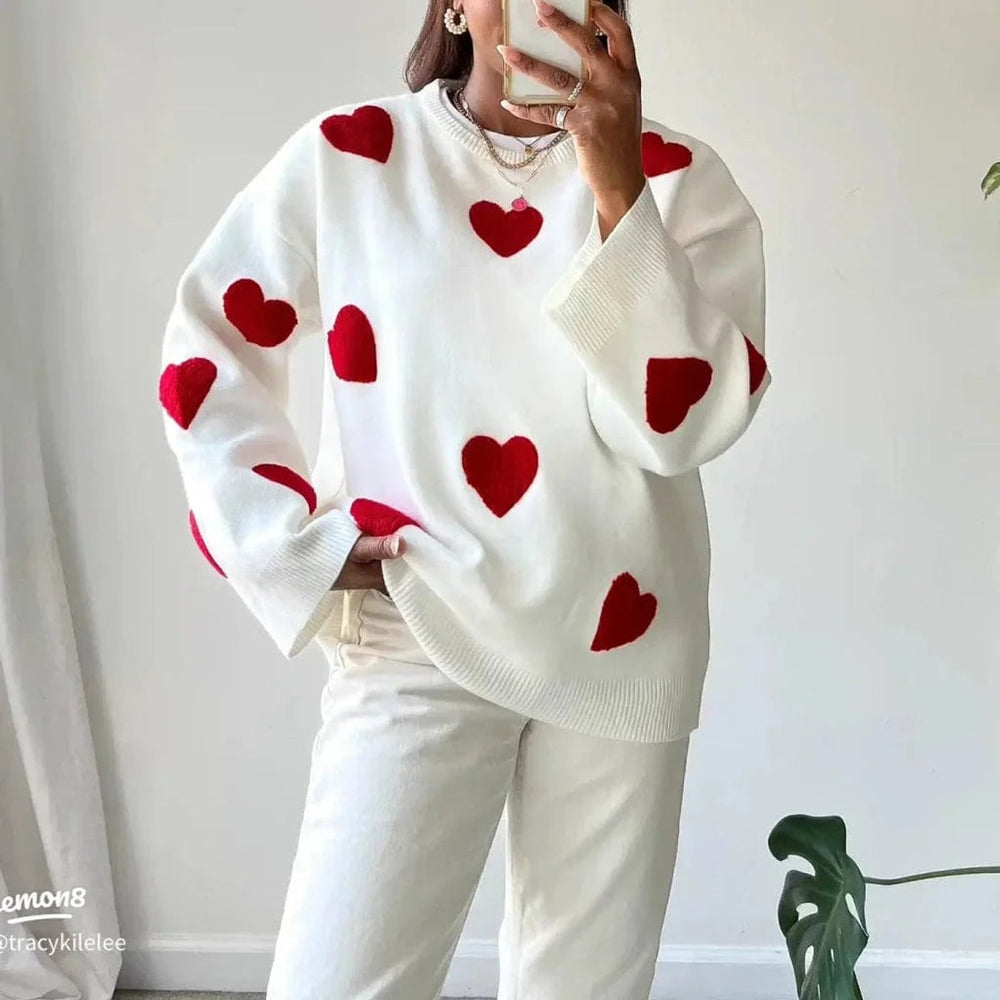 Women's Loose-Fit Heart-Print Knitted Jumper