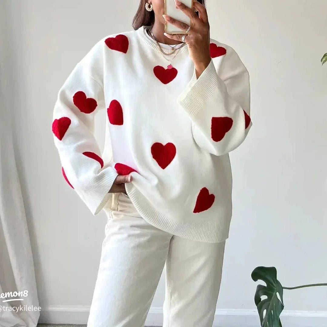 Women's Loose-Fit Heart-Print Knitted Jumper