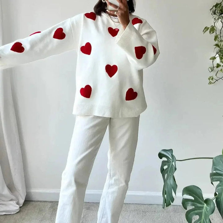Women's Loose-Fit Heart-Print Knitted Jumper