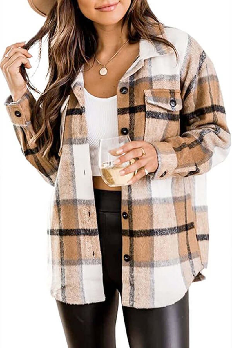 Women's Loose Fit Long-Sleeve Checked Blouse Shacket