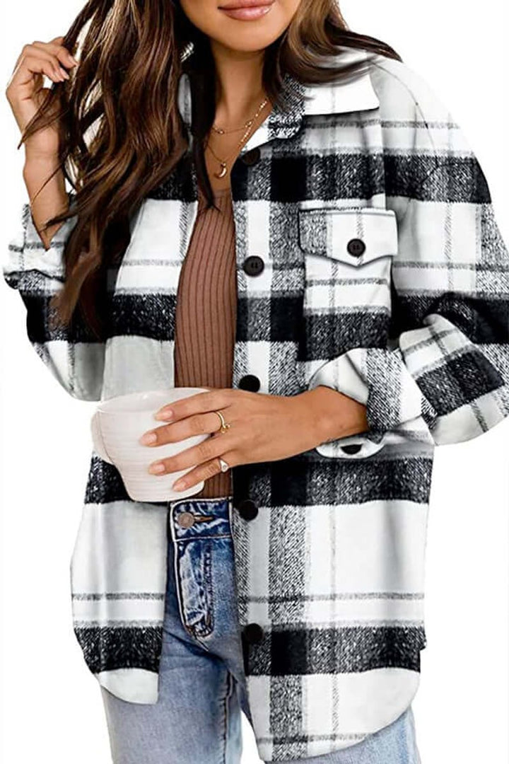Women's Loose Fit Long-Sleeve Checked Blouse Shacket