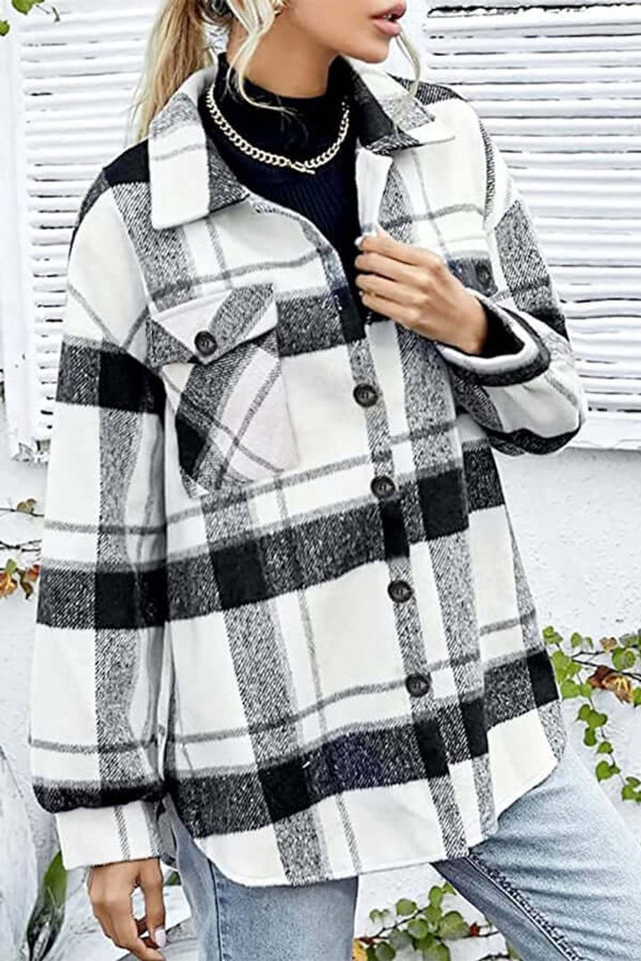 Women's Loose Fit Long-Sleeve Checked Blouse Shacket