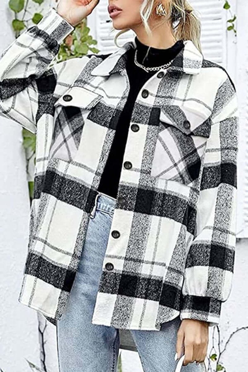 Women's Loose Fit Long-Sleeve Checked Blouse Shacket
