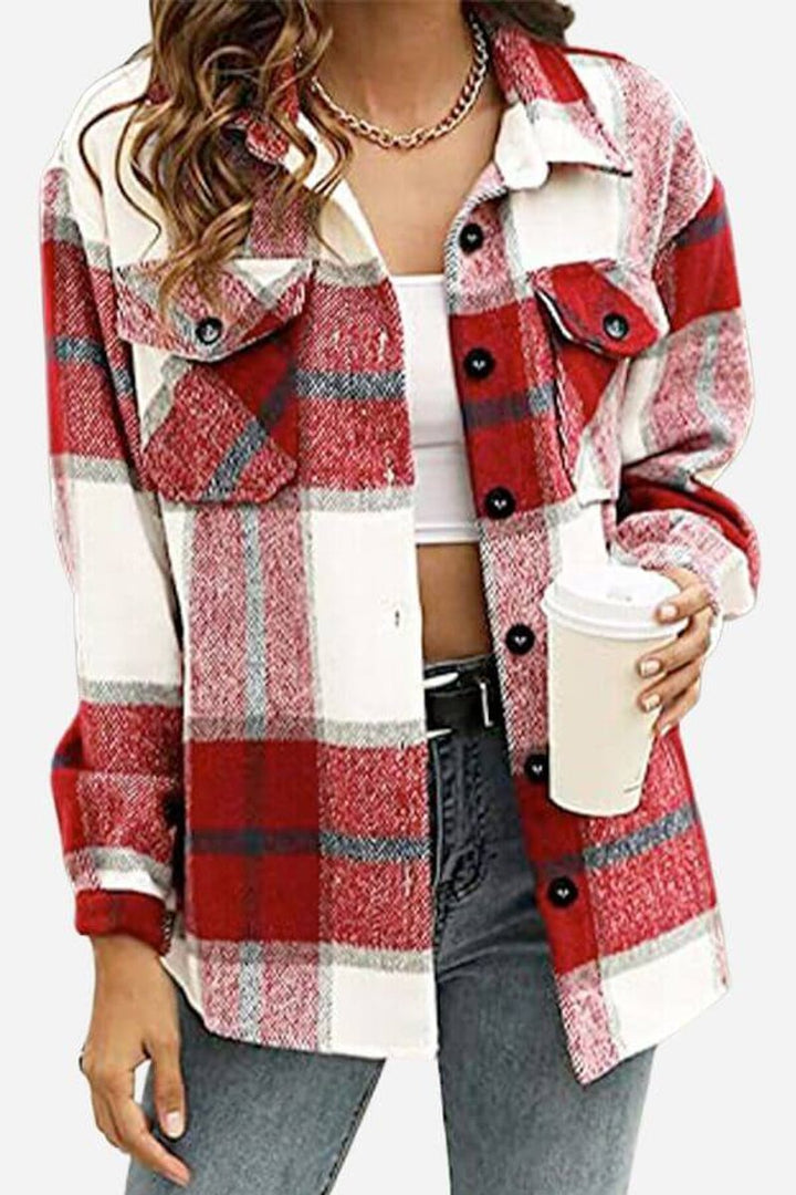 Women's Loose Fit Long-Sleeve Checked Blouse Shacket