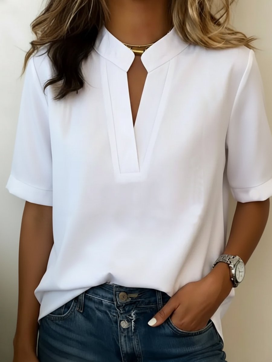 Women's Loose-Fit V-Neck Stand Collar Short Sleeve Blouse