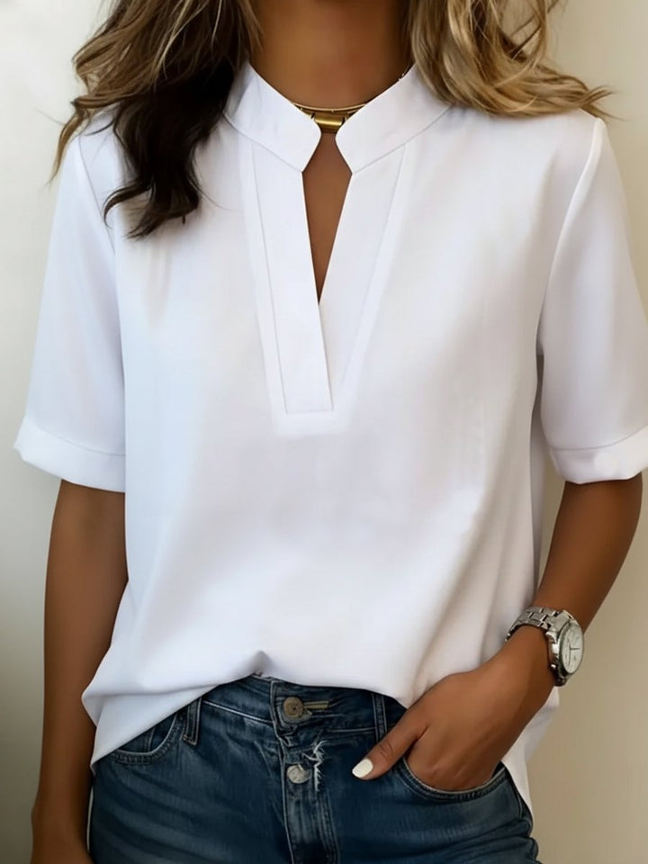 Women's Loose-Fit V-Neck Stand Collar Short Sleeve Blouse