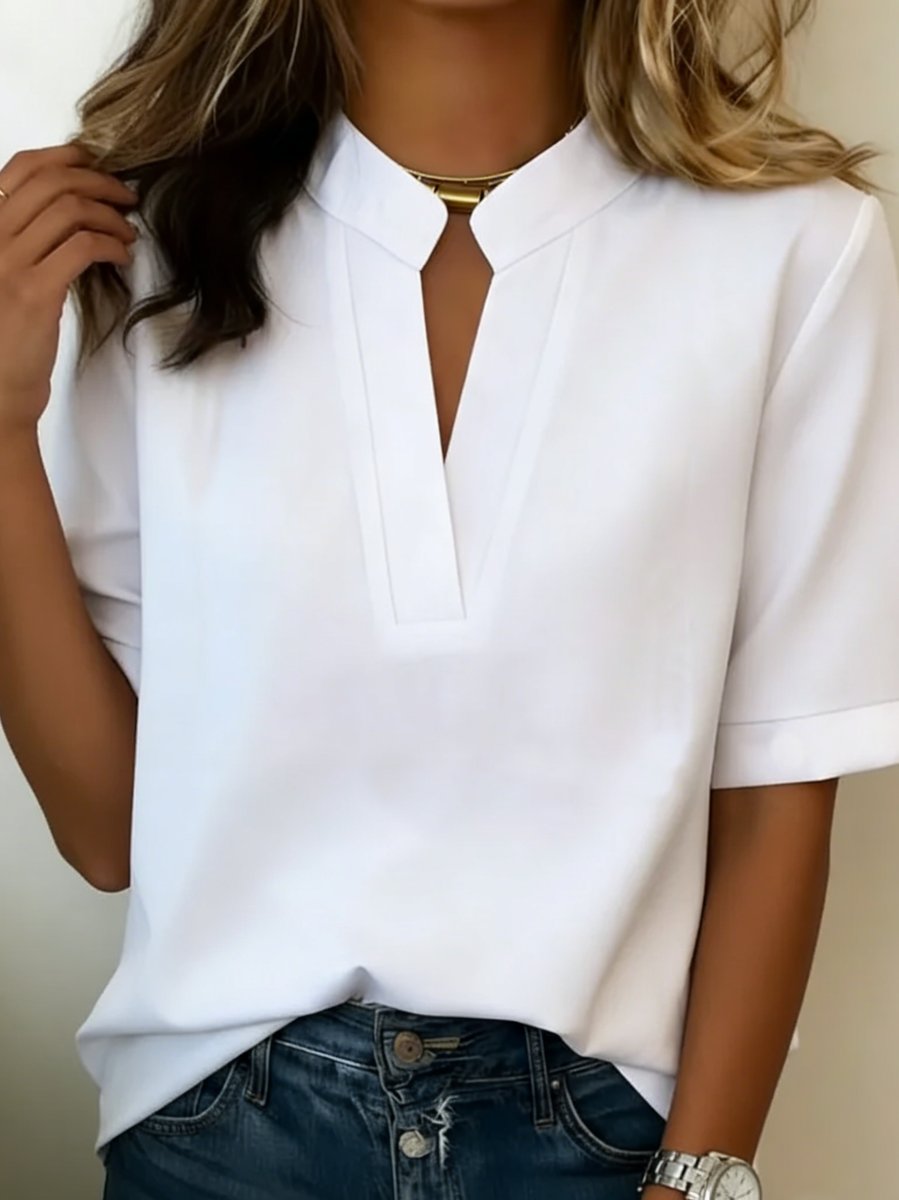 Women's Loose-Fit V-Neck Stand Collar Short Sleeve Blouse