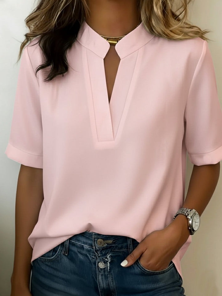 Women's Loose-Fit V-Neck Stand Collar Short Sleeve Blouse