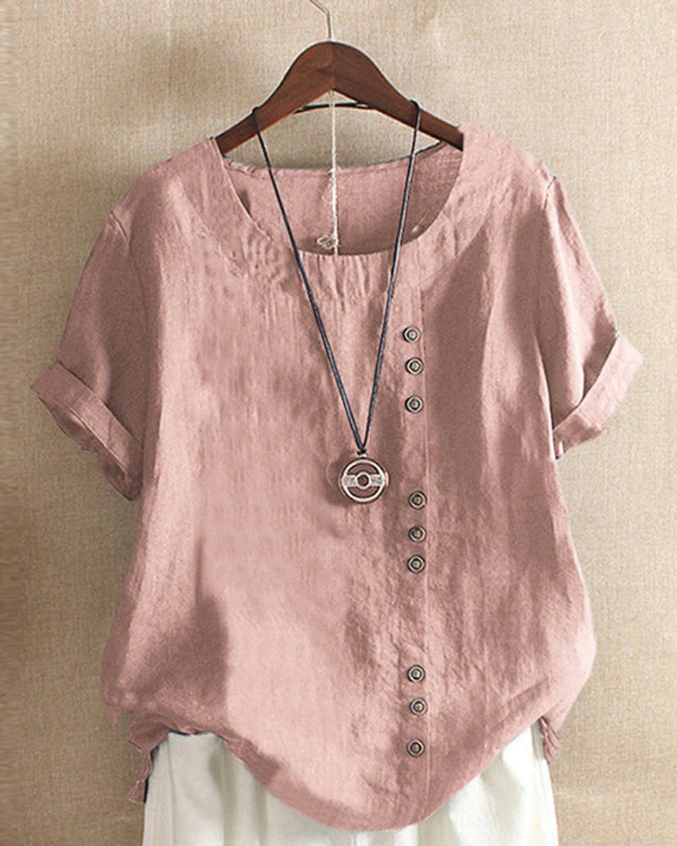 Women's Loose-Fit Vintage Blouse Asymmetric Button Crew Neck