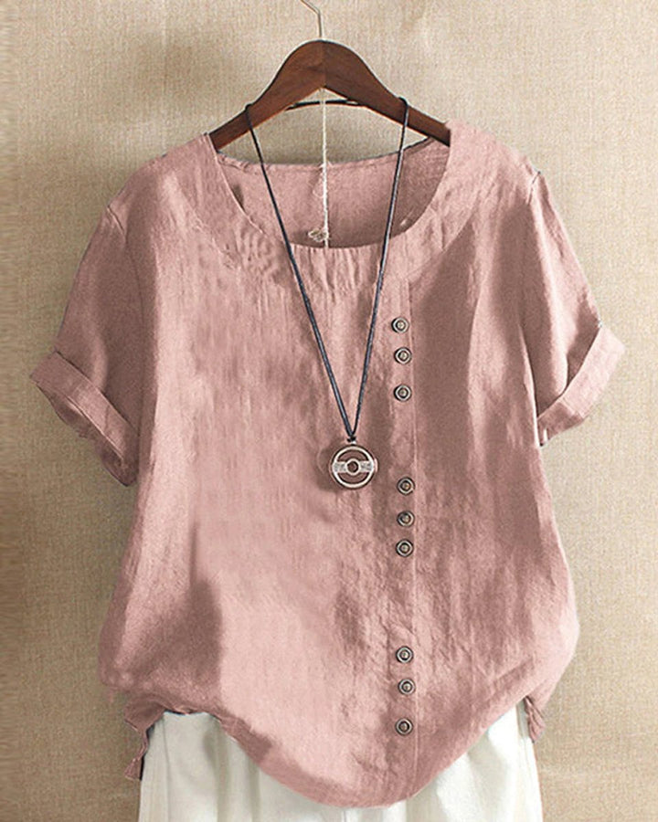 Women's Loose-Fit Vintage Blouse Asymmetric Button Crew Neck