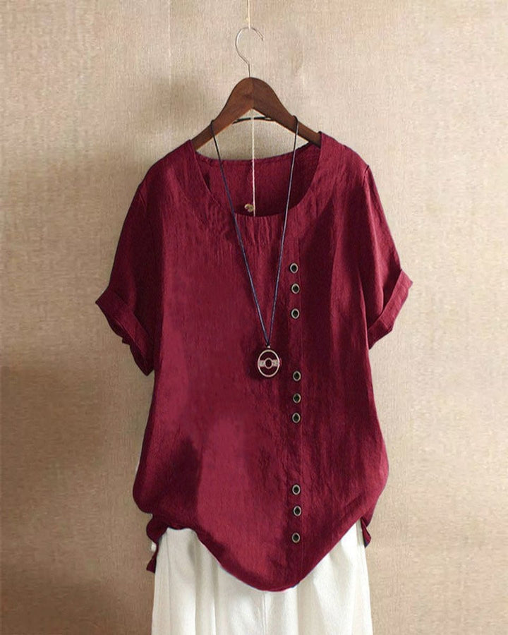 Women's Loose-Fit Vintage Blouse Asymmetric Button Crew Neck
