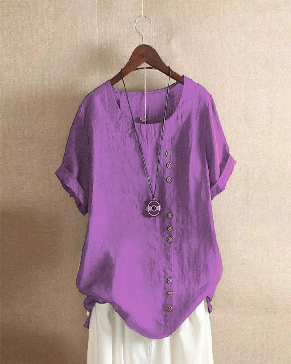 Women's Loose-Fit Vintage Blouse Asymmetric Button Crew Neck