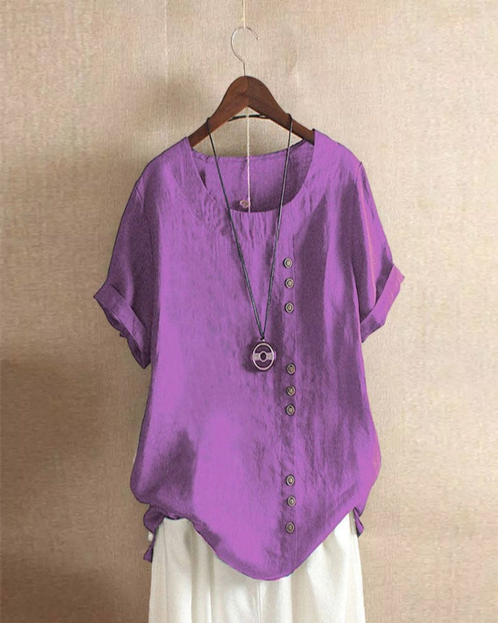 Women's Loose-Fit Vintage Blouse Asymmetric Button Crew Neck