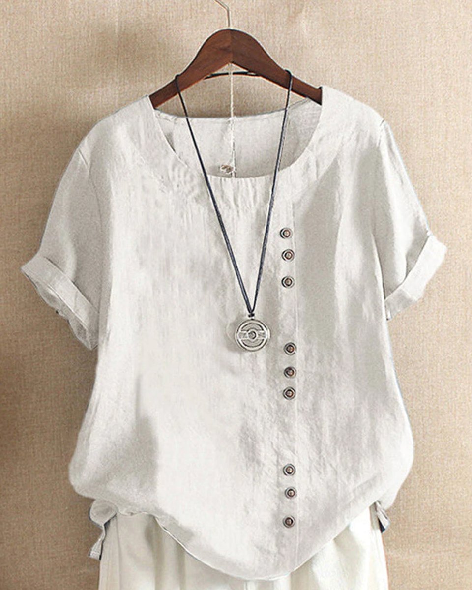 Women's Loose-Fit Vintage Blouse Asymmetric Button Crew Neck