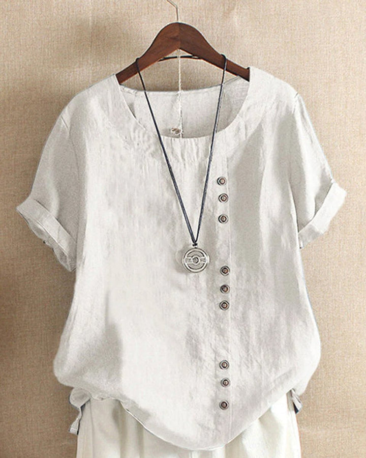 Women's Loose-Fit Vintage Blouse Asymmetric Button Crew Neck