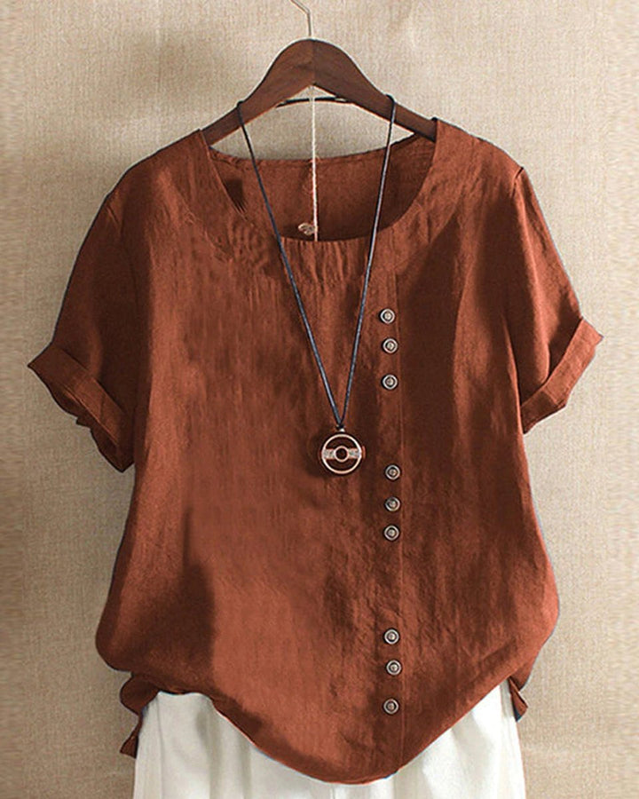 Women's Loose-Fit Vintage Blouse Asymmetric Button Crew Neck
