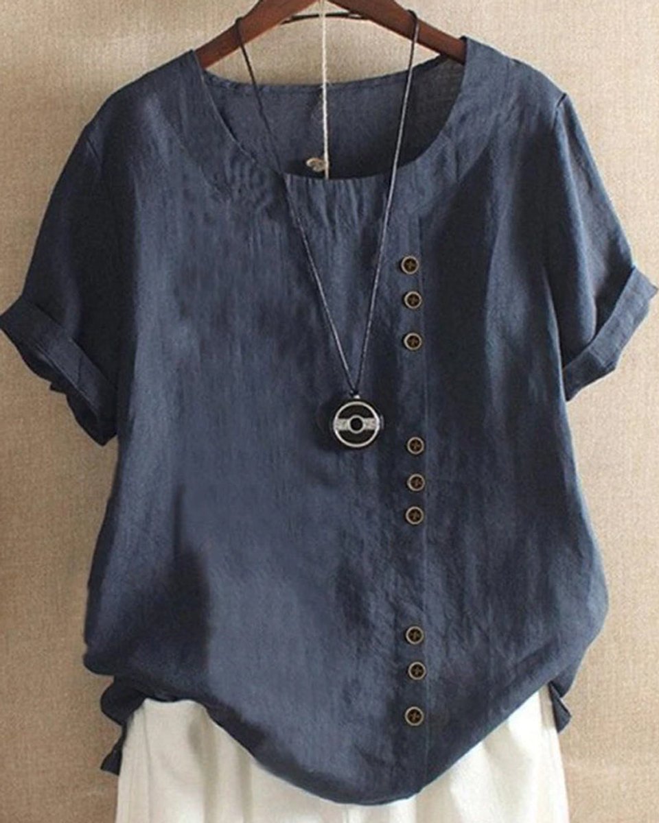 Women's Loose-Fit Vintage Blouse Asymmetric Button Crew Neck