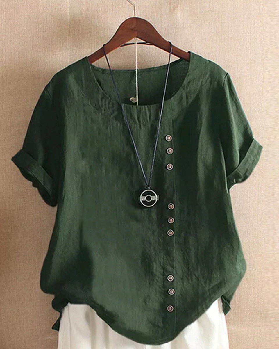 Women's Loose-Fit Vintage Blouse Asymmetric Button Crew Neck