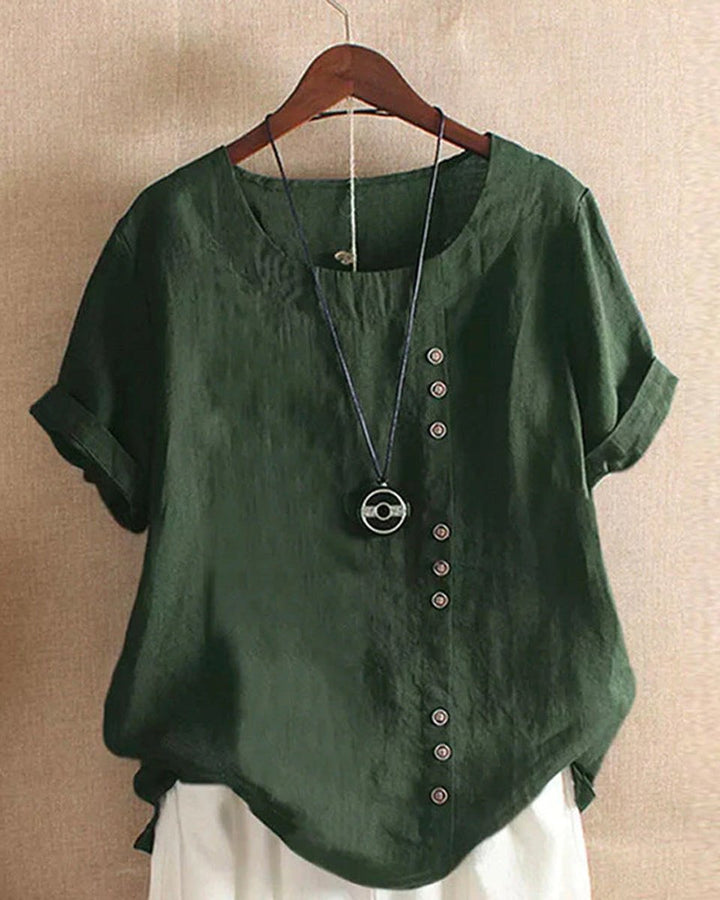Women's Loose-Fit Vintage Blouse Asymmetric Button Crew Neck