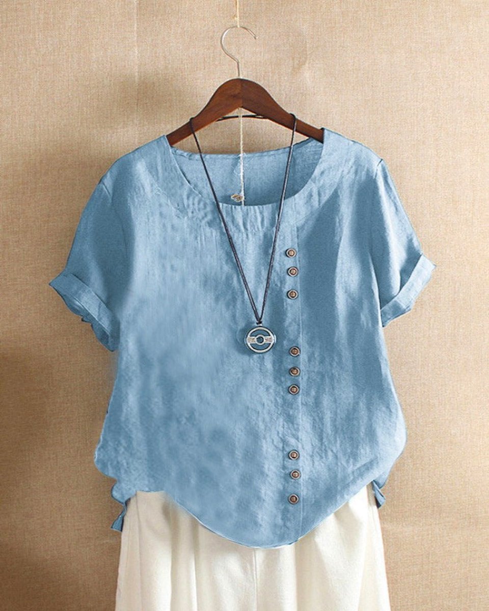 Women's Loose-Fit Vintage Blouse Asymmetric Button Crew Neck