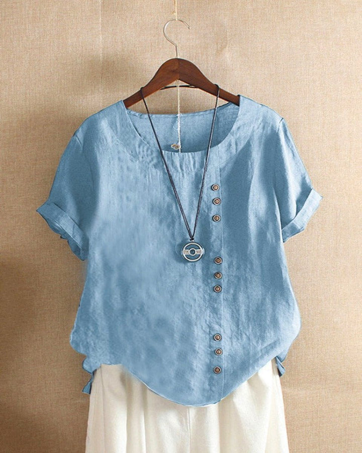 Women's Loose-Fit Vintage Blouse Asymmetric Button Crew Neck