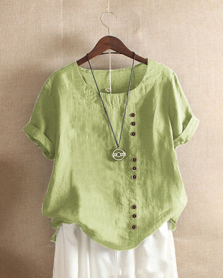 Women's Loose-Fit Vintage Blouse Asymmetric Button Crew Neck