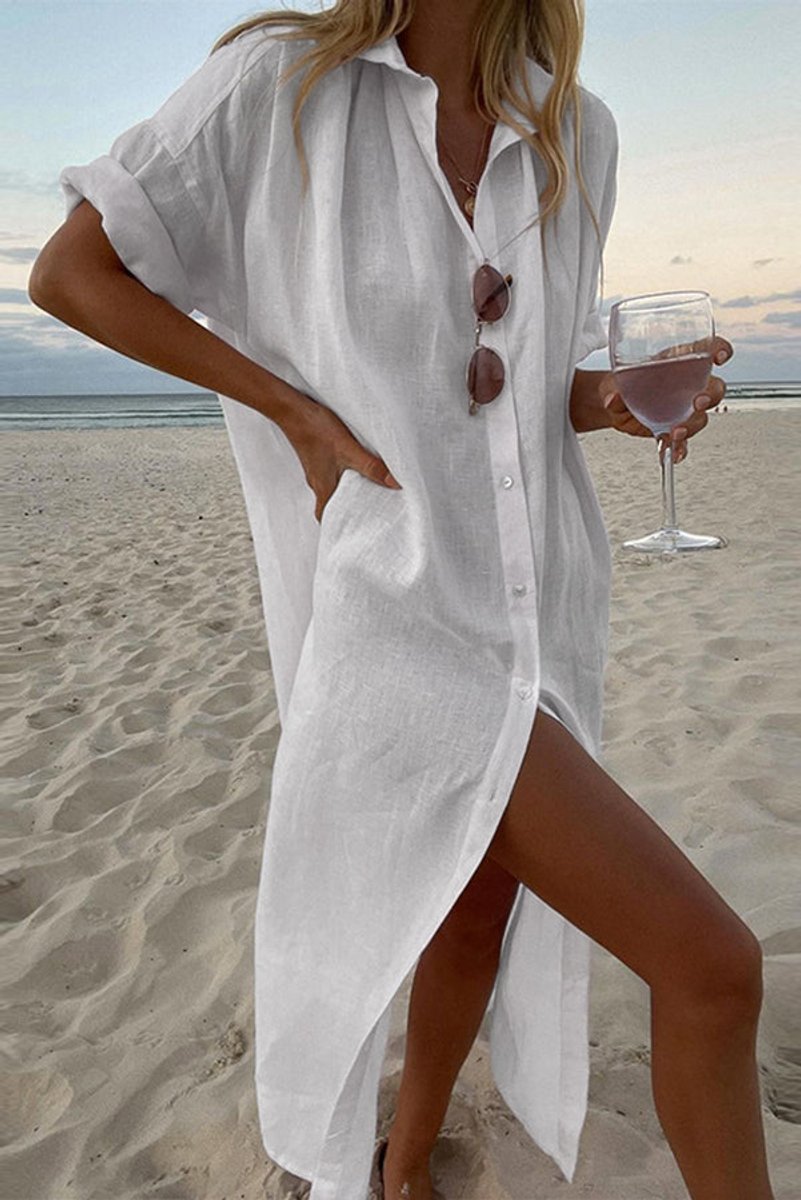 Women's Loose-Fit Vintage Blouse Shirt Midi Dress Classic Collar
