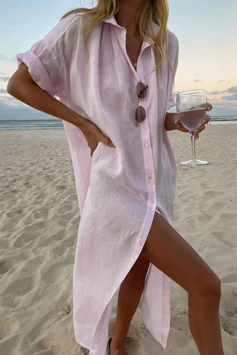 Women's Loose-Fit Vintage Blouse Shirt Midi Dress Classic Collar