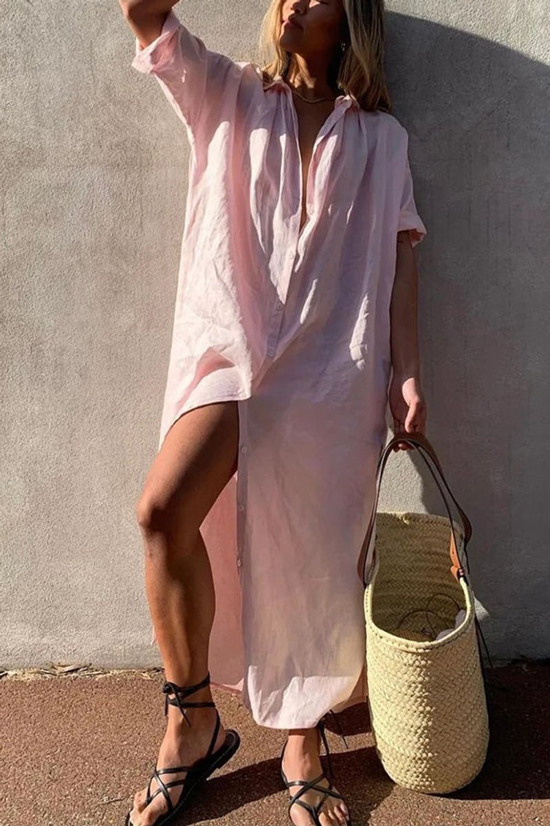 Women's Loose-Fit Vintage Blouse Shirt Midi Dress Classic Collar