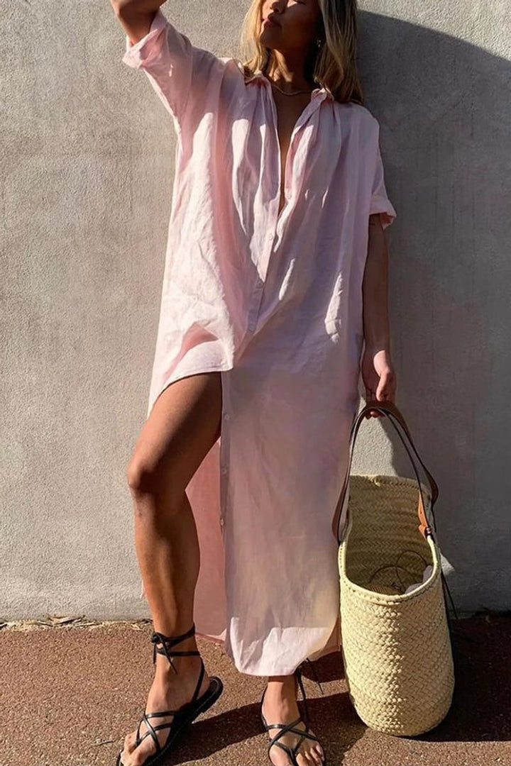 Women's Loose-Fit Vintage Blouse Shirt Midi Dress Classic Collar