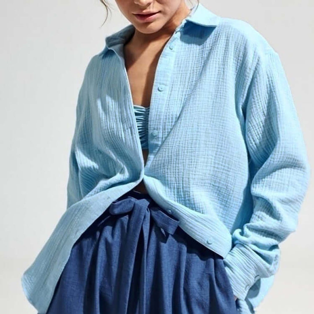 Women's Loose Long Sleeve Blouse Button-Up Casual Shirt