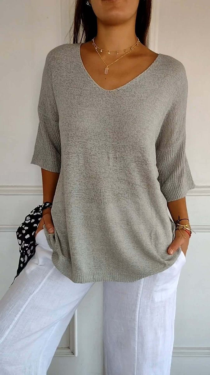 Women's Loose V-Neck Knitted Long Sleeve Top