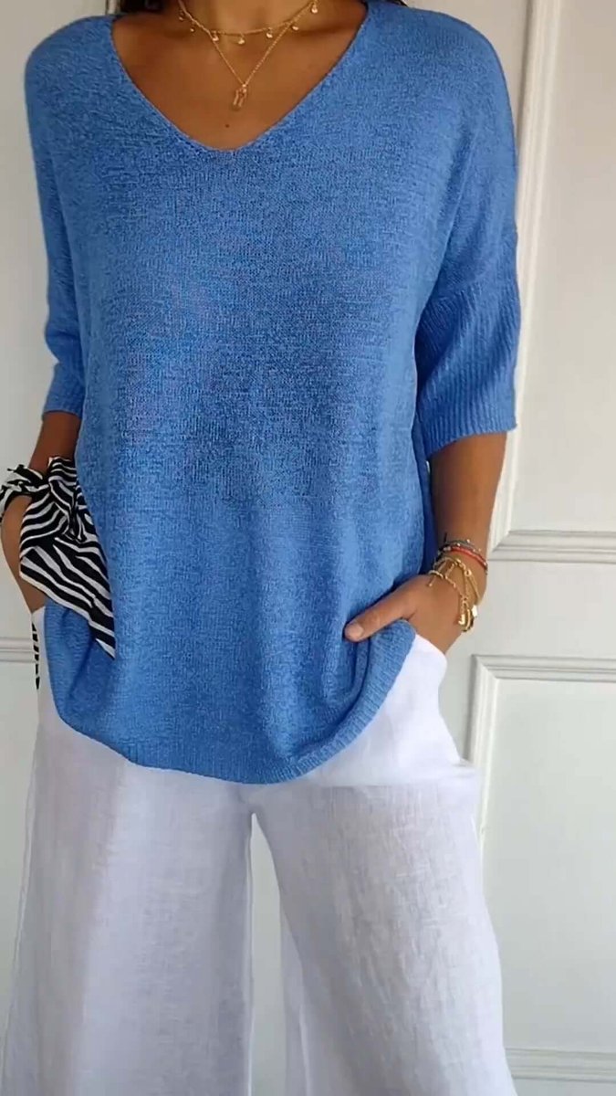 Women's Loose V-Neck Knitted Long Sleeve Top