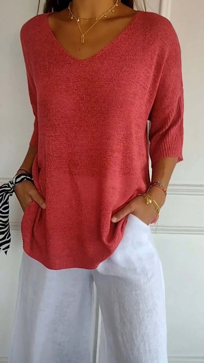 Women's Loose V-Neck Knitted Long Sleeve Top
