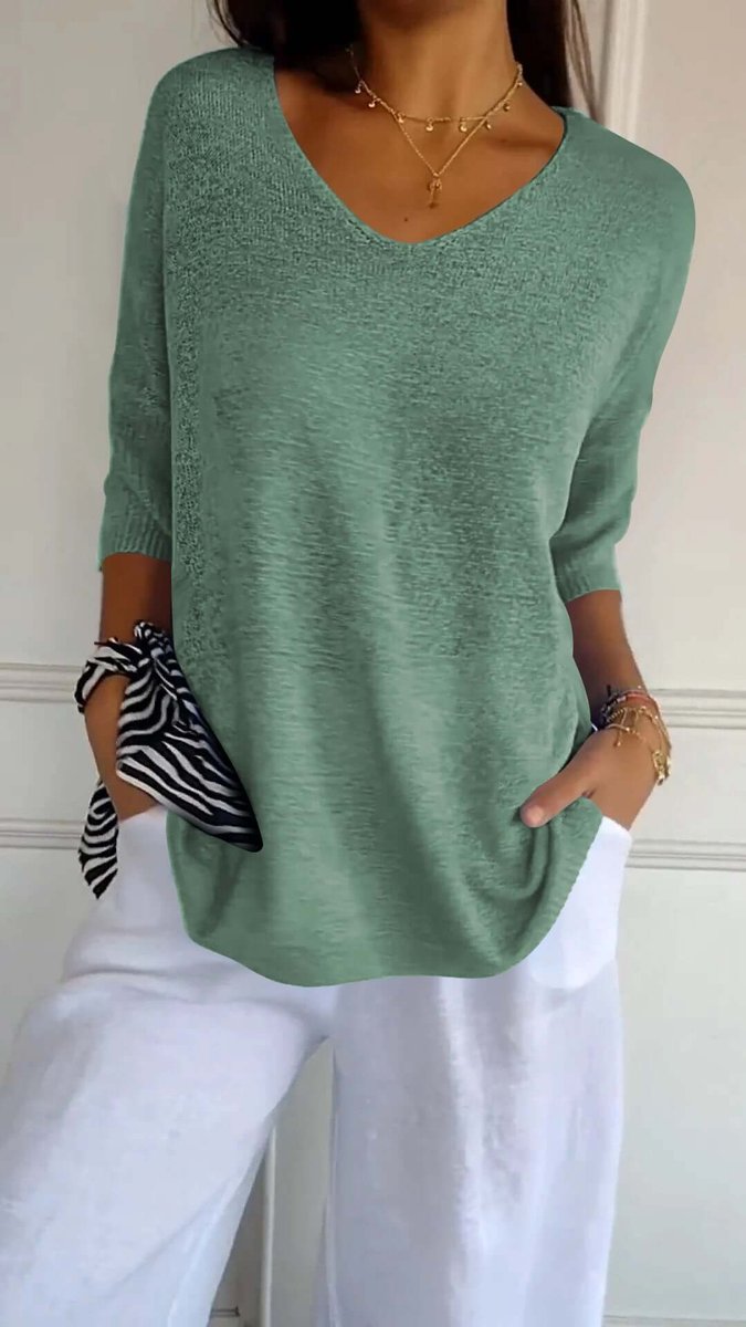 Women's Loose V-Neck Knitted Long Sleeve Top