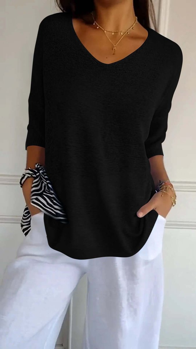Women's Loose V-Neck Knitted Long Sleeve Top