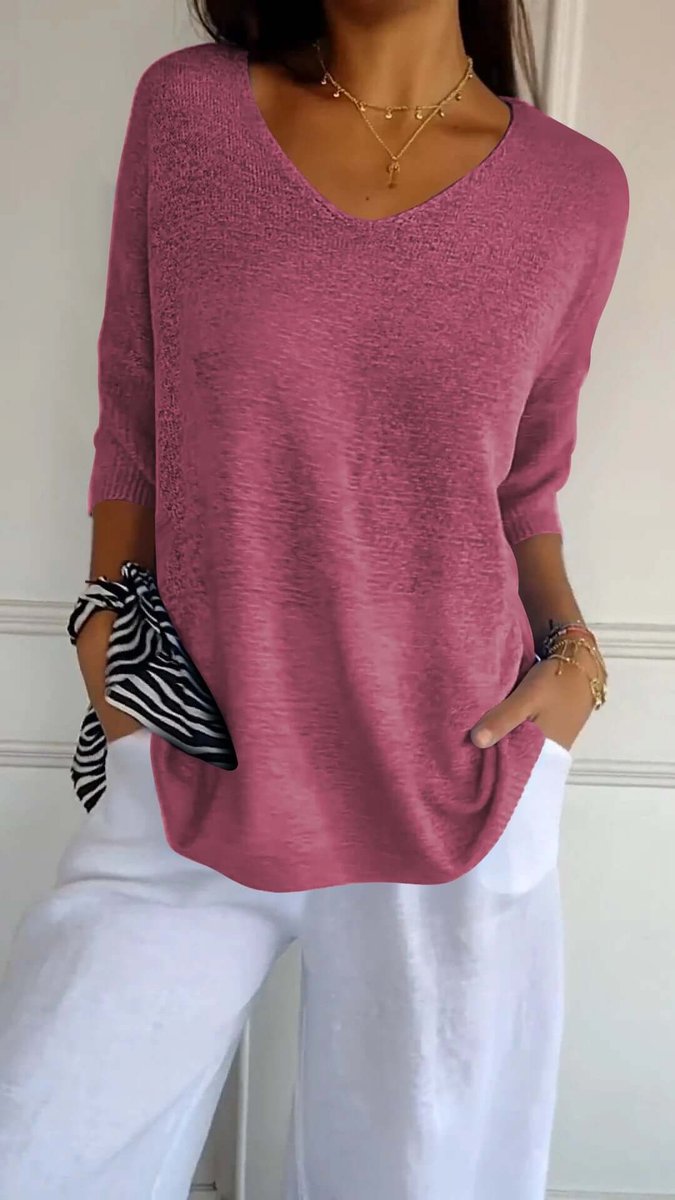 Women's Loose V-Neck Knitted Long Sleeve Top